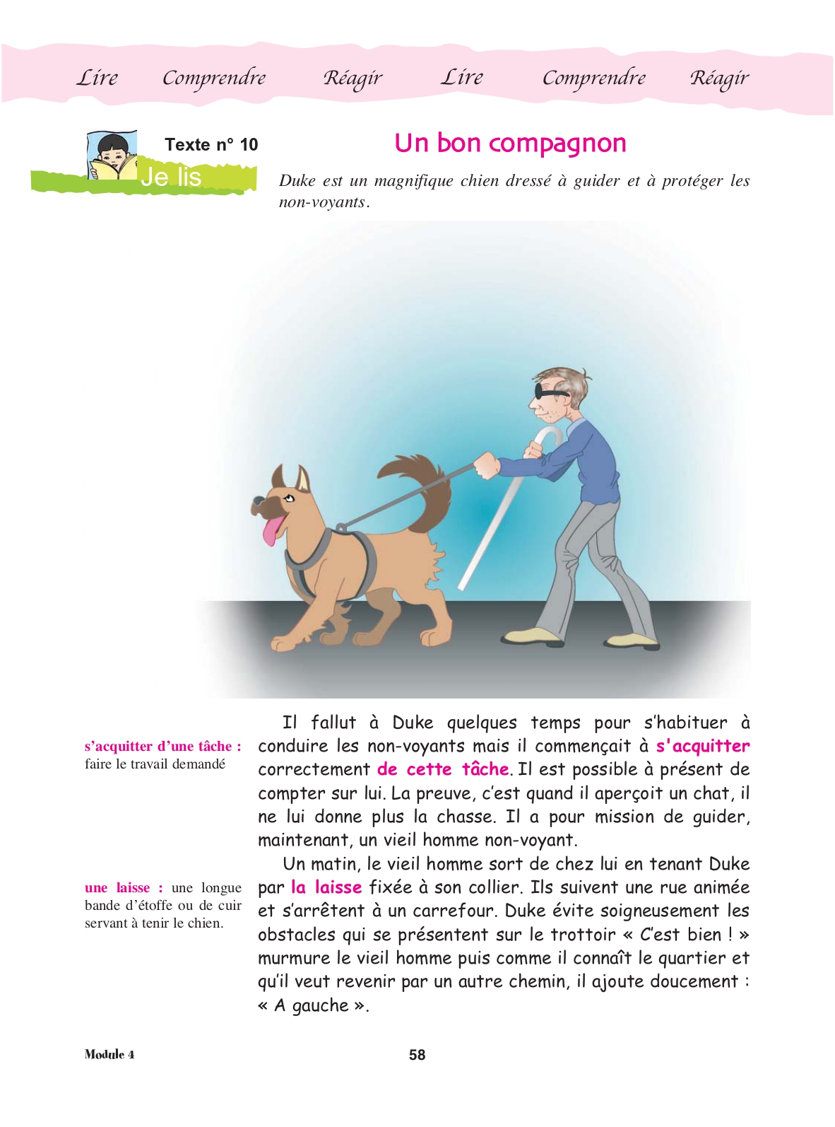 Manuel de français, page 58 : texte « Un bon compagnon », Duke le chien guide tient son maître non-voyant sur le trottoir